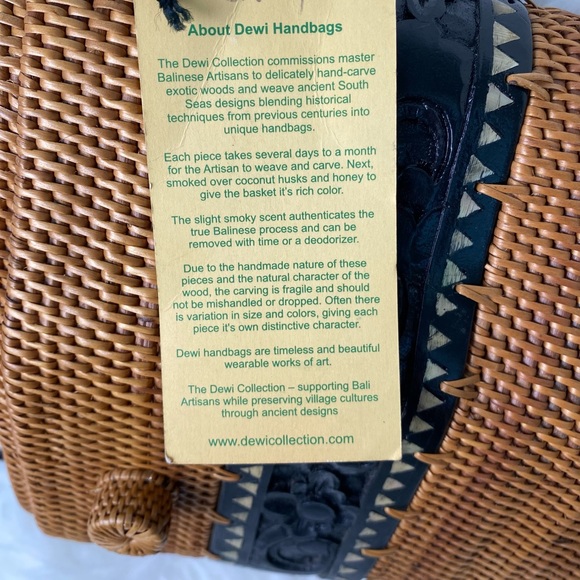 NWT DEWI hand Woven Rattan Carved Wood Balinese Tote Bag Handbag - Picture 10 of 11